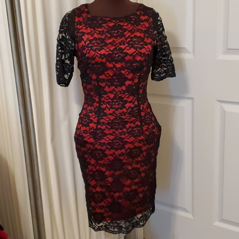 Red and black lace dress